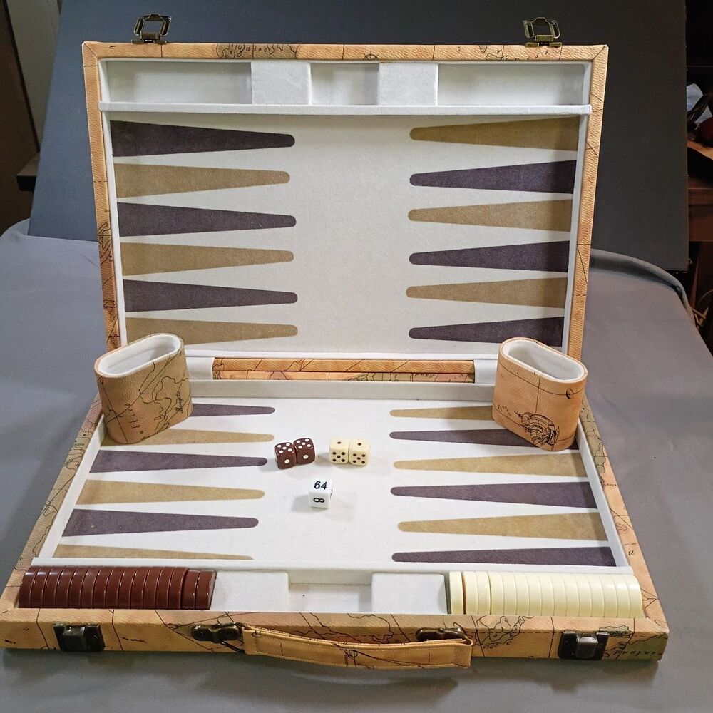 Vintage Backgammon Board Game Set Complete World Map Travel Case Portable